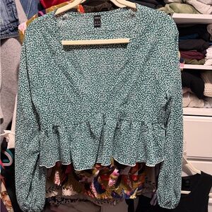 SHEIN Teal Floral-Print Peplum Long-Sleeve Blouse